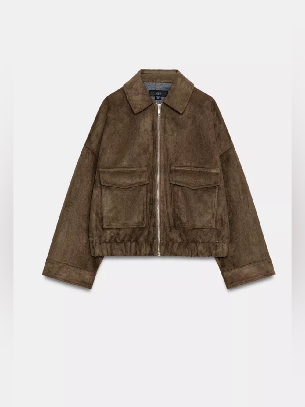 Zara NWT Brown Faux Suede Utility Zip Jacket Oversized Cropped Jacket - Picture 6 of 12